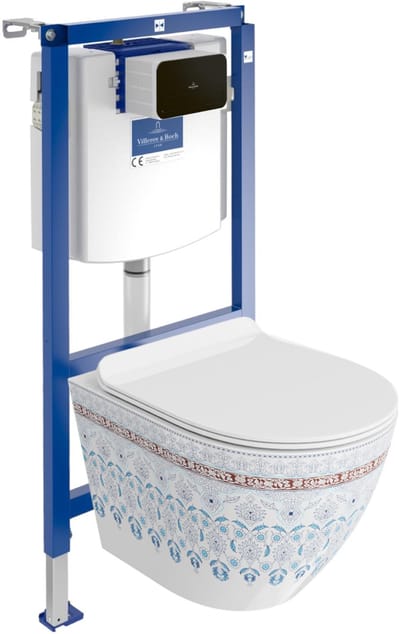 VILLEROY&BOCH ViConnect H112 Inbouwreservoir - LAVITA SOFI SLIM FOLKLOR Rimless Wandcloset - Zwarte Drukplaat