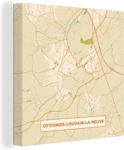Canvas Schilderij Vintage - Plattegrond - Kaart - Ottignies-Louvain-la-Neuve - Stadskaart - 20x20 cm - Wanddecoratie