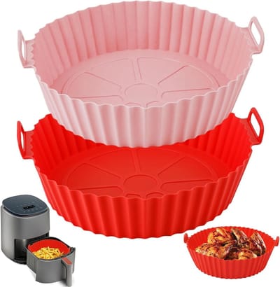 Herbruikbare Siliconen Bakvormen voor Airfryer en Oven, Ronde Siliconen Inzetstukken voor Bakken en Koken (Roze, Rood)