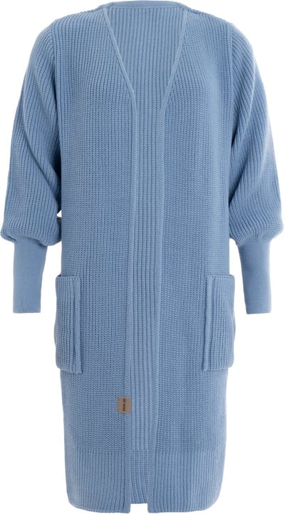 Knit Factory Patty Lang Gebreid Vest Crystal Blue - Gebreide dames cardigan - Lang vest tot over de knie - Lichtblauw damesvest - Pofmouw - 30% wol en 70% acryl - 36/38
