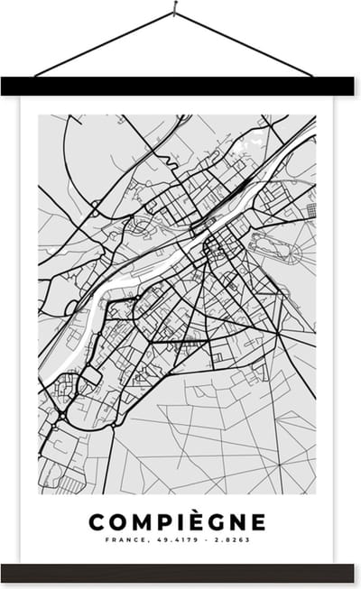 Posterhanger incl. Poster 40x60 cm - Schoolplaat - Compiègne - Plattegrond - Frankrijk - Kaart - Stadskaart - Textielposter - Zwarte latten - Stadskaart