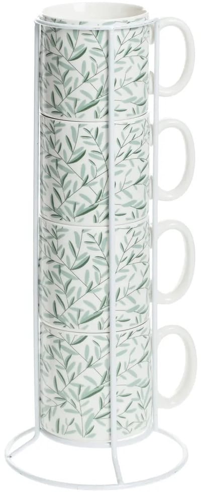 Secret de Gourmet Koffie mokken/bekers Botanic - lichtgroen - 4x stuks in rekje - Keramiek - glans afwerking - 240 ml - 7 x 8 cm