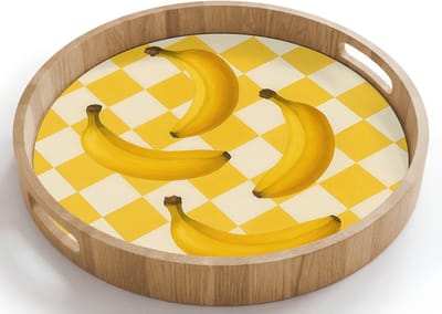 Dienblad rond 40x40 cm - Schootdienblad hout - Bananen - Geel - Geblokt - Borrelplank rechthoek - Plateau houten dienbladen