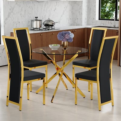 MODENUIT Eettafelset 88 cm - Ronde Glazen Tafel Met 4 Stoelen - Voor Eetkamer En Keuken - Glas En Metaal - Zwart Goud