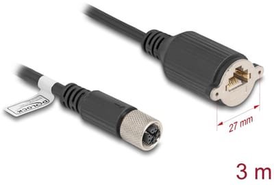 Delock M12 Cable X-coded 8 pin female to RJ45 jack for installation Cat.6A S/FTP 3 m black