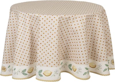 Clayre & Eef Tafelkleed Ø 170 cm Beige Geel Katoen Rond Citroen Tafellaken