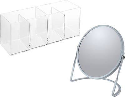 Spirella Make-up organizer en spiegel set - 4 vakjes - plastic/metaal - 5x zoom spiegel - blauw/transparant