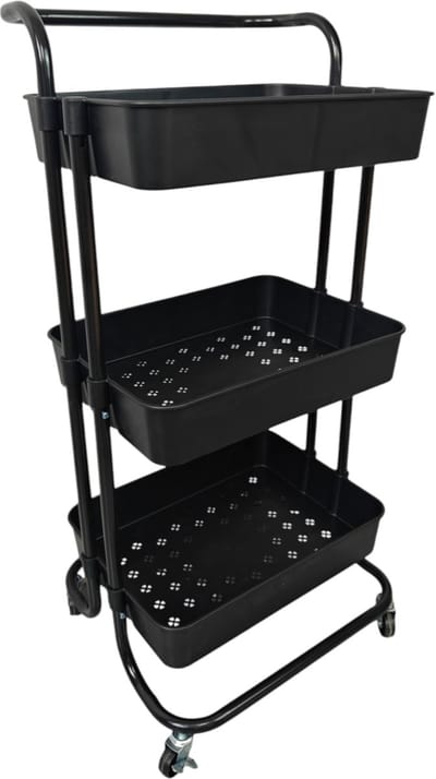 Keukentrolley op Wieltjes - 3 lagen - Serveerwagen - Keukenrek Zwart - Opbergtrolley - Trolley voor keuken, badkamer of kantoor - Opbergkar - Keukentrolleys met Manden - Verrijdbaar en Vast - 3 Manden - 43x36x86cm