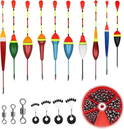 205 Stuks Vissersdrijvers Set, 10 Drijvers, 3 Swirl Vissaccessoires en 4 Rubber Stoppers voor Verschillende Vissen in Meren en Vijvers