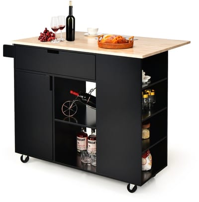 COSTWAY Keukenwagen met uittrekbaar werkblad, serveerwagen op wieltjes, keukeneilandwagen, hout, keukenkast met planken, lade en kruidenrek, keukentrolley voor keuken eetkamer (zwart)