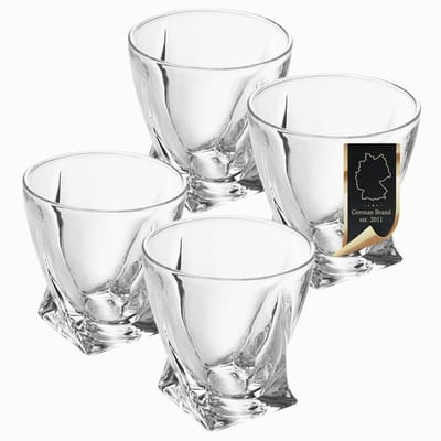 Intirilife 4x whiskyglas in CRYSTAL CLEAR 'TWISTED' - Old Fashioned Whiskey Crystal Glass Loodvrij in Sculpture Design vaatwasmachinebestendig perfect voor Scotch, Bourbon, Whisky en nog veel meer.