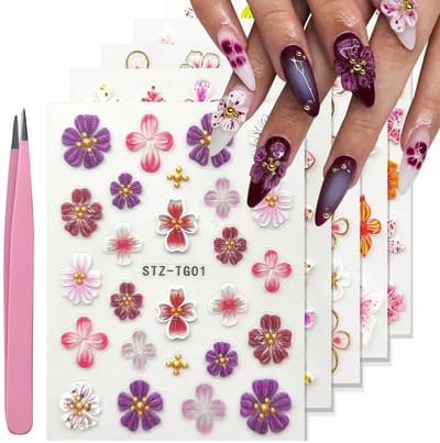 Dailygoody - 5D Embossed Flower Nail Stickers - Nail Art Decoratie - Multicolour - 3D Nagel Stickers - Geschikt voor Vrouwen - Nail Design