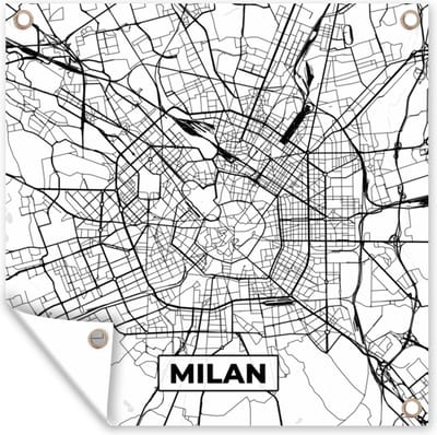 Tuin poster Kaart - Milaan - Stadskaart - Zwart Wit - Plattegrond - 200x200 cm - Tuindoek