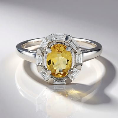 Cavill - Zilveren ring 925 Sterling - Gele Beryl Ovaal 0,89 ct - Platina Geplateerd - Baguette Zirkonen 0,61 ct - Elegante ring voor dames