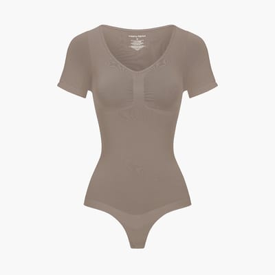 cfab - T-shirt bodysuit met corrigerende werking en koordjes - Taupe - L - Corrigerende Body - Naadlos - corrigerend ondergoed dames