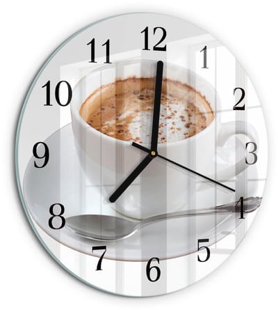 Tulup Wandklok - Koffie Glazen Wandklok Design - 30fi cm - Wit Klok Glas Met Opdruk - Zwarte Handen - Ronde Wandklok - Wandklok Glas Met Motief - Decoratieve Glazen Klok