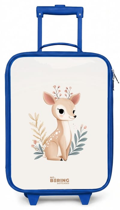NoBoringSuitcases.com® - Kinderkoffer blauw - Kindertrolley jongen - Hertje omringd door planten in beige tinten - Koffer kind lichtgewicht - Reiskoffer trolley voor kinderen - Koffertje met lichtgevende wieltjes - Rolkoffer