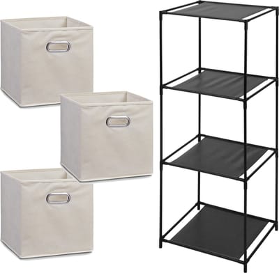 Zeller Kastmandjes/opberg manden - beige - 3x stuks van 29L - Metalen rekje is 34 x 98 cm