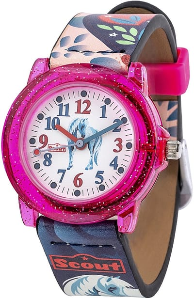 Scout Kinderuhr analog aus der Serie "Crystal" mit rosa/blauem Kunstlederband, Pferde-Motiven und Quarzwerk