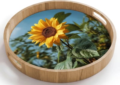 Dienblad rond 40x40 cm - Schootdienblad hout - Zonnebloemen - Helderblauwer lucht - Gras - Borrelplank rechthoek - Plateau houten dienbladen