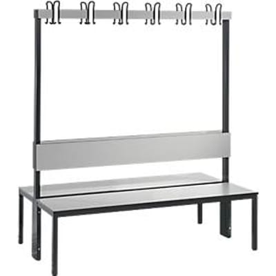 Garderobebank Basic Plus, 2-zijdig, rugleuning, zonder schoenenrek, pootstel zwartgrijs RAL 7021, B 1500 mm, decor zilvergrijs