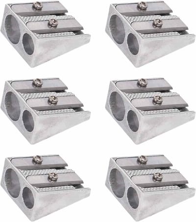 Set van 6 metalen puntenslijpers met dubbele gaten, ideaal voor school en kantoor, compact en duurzaam