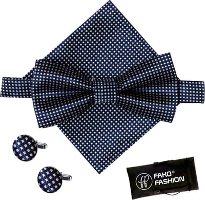 Fako Fashion - Vlinderstrik, Pochette & Manchetknopen Blok - Vlinderdas - Strikje - Pochet - Geblokt - Navy Blauw