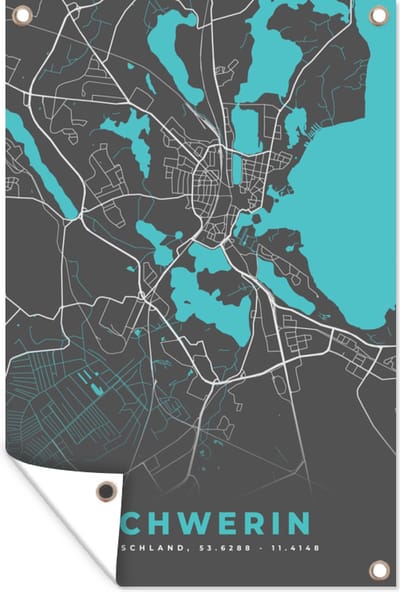 Muurdecoratie Duitsland – Blauw – Schwerin – Stadskaart – Kaart – Plattegrond - 120x180 cm - Tuinposter - Tuindoek