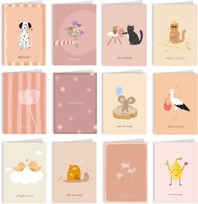 Wenskaarten set 12 stuks - Gevouwen kaarten incl. kraft enveloppen - Kleintjes & kaartjes