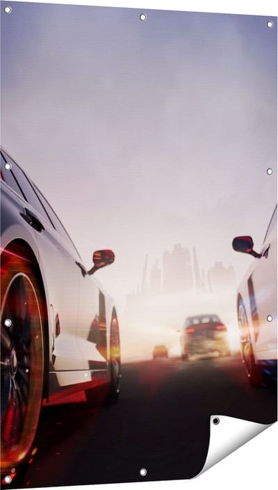 Gards Tuinposter Twee Raceauto's - Blauw Tegen Rood - 80x120 cm - Tuindoek - Tuindecoratie - Wanddecoratie buiten - Tuinschilderij