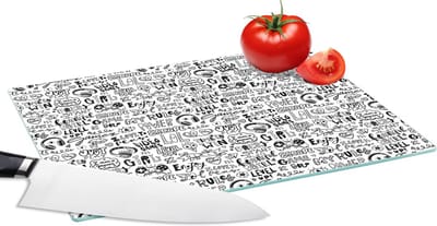Glazen Snijplank - 28x20 - Doodle - Zwart Wit - Patroon - Snijplanken Glas