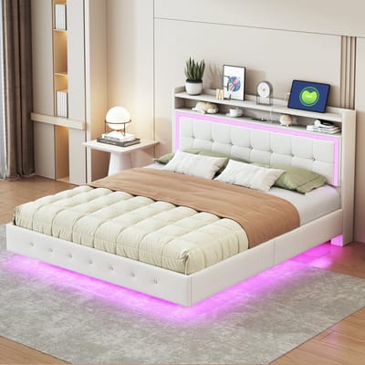 Gestoffeerd bed - 160x200 cm - Tweepersoonsbed met USB & LED - Zwevend Design met Lattenbodem - Linnen - Beige