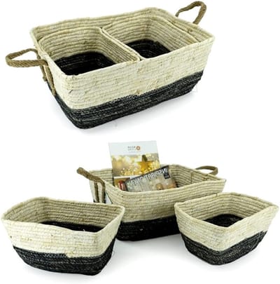 Decoratieve Mandenset van 3 Stuks in Grijs en Natuurlijk Wicker met Jute Handvatten - Perfect voor Opberging en Interieurdecoratie