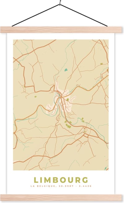 Posterhanger incl. Poster 40x60 cm - Schoolplaat - Kaart - Plattegrond - Stadskaart - Limbourg - België - Textielposter - Blanke latten - Stadskaart