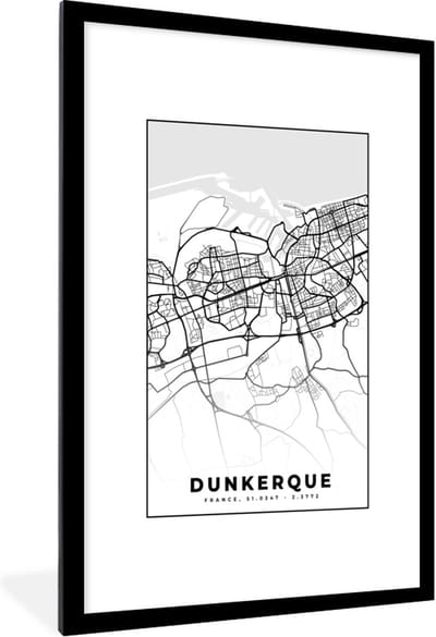 Fotolijst incl. Poster Zwart Wit- Frankrijk - Dunkerque - Kaart - Plattegrond - Stadskaart - Zwart wit - 80x120 cm - Posterlijst