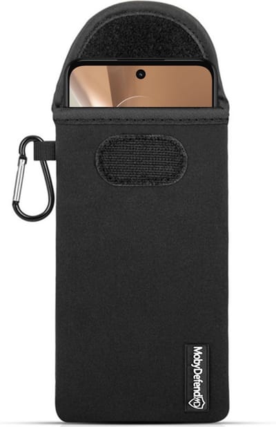 MobyDefend Hoesje - Geschikt voor Motorola Moto G32 - Neopreen Pouch Met Karabijnhaak - Insteek - Riemlus - Zwart