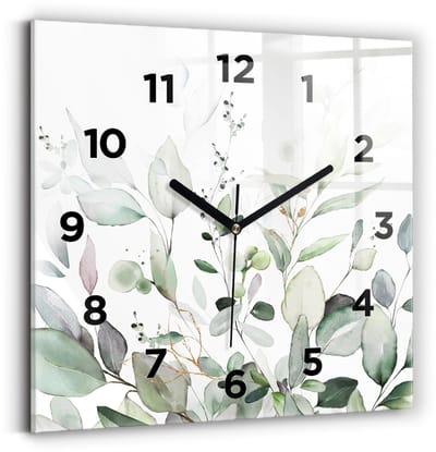 Wallfluent Wandklok - Plantenbladeren Klok als Muurdecoratie - 30 cm x 30 cm - Groente Wandklok - Zwarte Handen - Wandklok Met Cijfers - Wandklok Glas Woonkamer - Vierkante Glas Klok - Scandinavisch Wandklok - Klok als Muurdecoratie