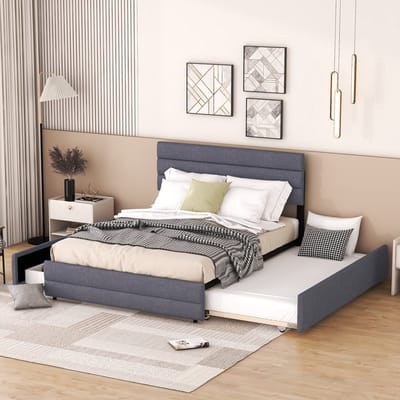 DESMIU Gestoffeerd Bed 140 x 200 cm Met Uitrolbed En 2 Opberglades – Tweepersoonsbed Met Hoofdbord Verstelbaar – Linnenlook – Grijs – Zonder Matras