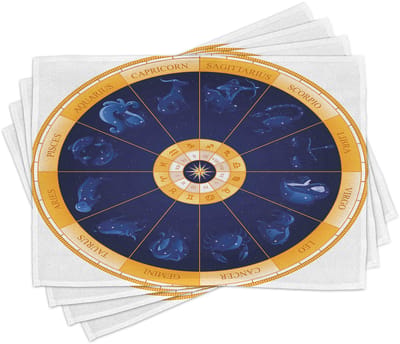ABAKUHAUS astrologie placematten, geboortehoroscoop, zodiaktekens in cirkelvorm, met stippen en sterren, gemaakt van kleurvast stof voor eetkamer en keuken, oranje-wit-blauw