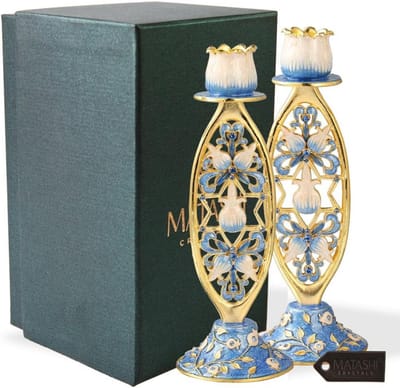 Set van 2 Handgeschilderde Blauwe Bloemen en Davidster Shabbat Kandelaars