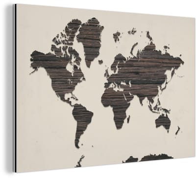 Aluminium schilderij 180x120 cm - Wanddecoratie metaal - Wereldkaart - Bruin - Hout - Metalen muurdecoratie woonkamer - Decoratie industrieel - Foto op dibond - Industriële accessoires slaapkamer