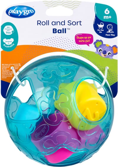 Playgro Roll and Sort Ball - Baby bal - vormsorteerder - Baby speelbal - Speelgoed Baby - Speelgoed 1 jaar - Educatief baby speelgoed - Bal voor baby - motoriek baby - Baby rammelaar - interactief baby speelgoed - inclusief zachte blokken
