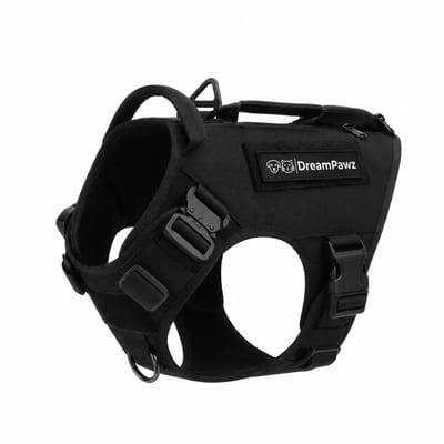 DreamPawz - Tactical Hondentuigje met Pockets - K9 Hondenharnas - 2 Ritsen Zijde - 1 Airtag Pocket - Anti-Trek - Extra Controle - Verstelbaar - Zwart - M