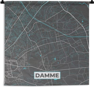 Wandkleed - Wanddoek - België – Damme – Stadskaart – Kaart – Blauw – Plattegrond - 180x180 cm - Wandtapijt