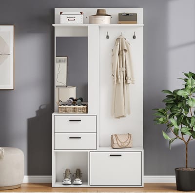 HAUSS SPOLE Schoenenkast - Garderobekast Met Spiegel En 2 Lades - Voor Hal En Slaapkamer - MDF - 90x30x180 Cm - Wit