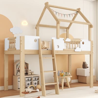 PHOEBE CAT Hoogslaper - 90x200cm - Valbeveiliging - Huisontwerp - Grenenhout + MDF - Wit + natuurlijke