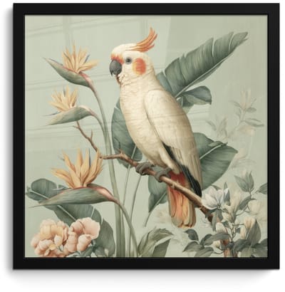 Poster in lijst - Fotolijst 40x40 cm - Posters - Gele kuifkaketoe - paradijsvogelbloemen - Groen - Posterlijst zwart - Decoratie - Wanddecoratie woonkamer - Muurdecoratie slaapkamer