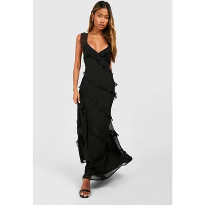 boohoo Dames Chiffon maxi-jurk met ruches en bandjes | Zwart | Maat: 36