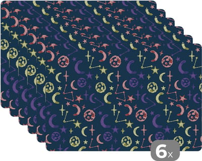 Placemat - Placemats kunststof - Sterren - Planeten - Design - 45x30 cm - 6 stuks - Hittebestendig - Anti-Slip - Onderlegger - Afneembaar