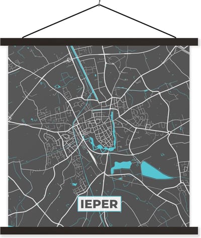 Posterhanger incl. Poster 60x60 cm - Schoolplaat - Stadskaart – Grijs - Kaart – Ieper – België – Plattegrond - Textielposter - Zwarte latten - Stadskaart